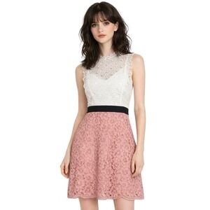 Sandro Paris Lace Colorblock Fit Flare Dress White Pink Black Trim FR 36, US 4